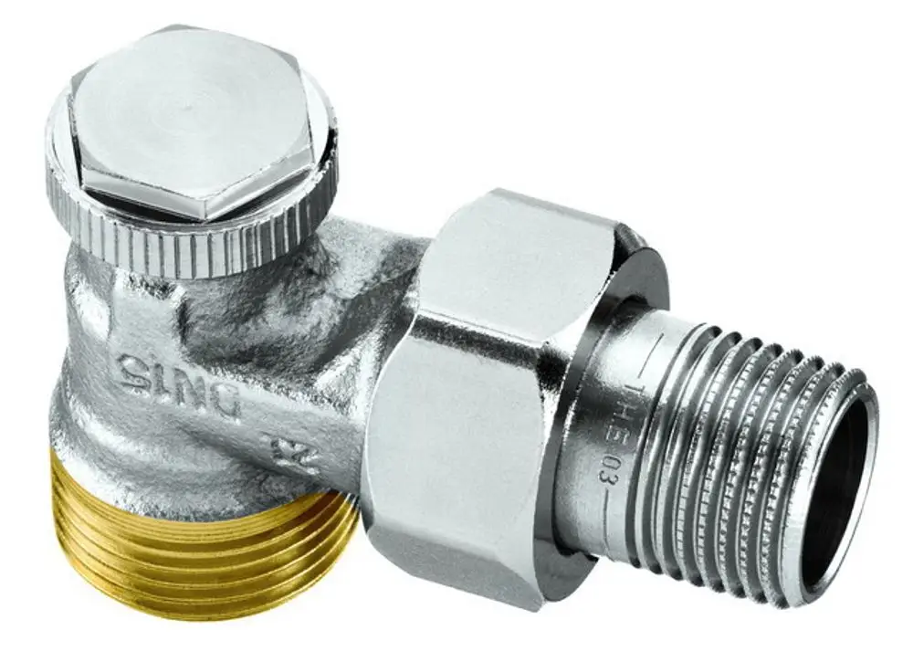 Eckventil aus vernickeltem Rotguss mit Gewindeanschlüssen, hergestellt von IMI Hydronic Engineering. Das Produkt hat eine kompakte Bauweise und dient zur Rohrverbindung.